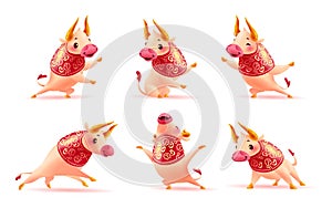 Chinese new year mascot â€“Â collection of traditional art oriental bull animal character isolated on white background.